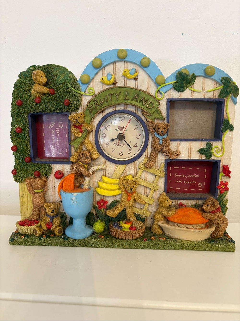 Vintage 90’s Teddy Bear Garden Clock 3 picture Decor Frame working whimsy resin